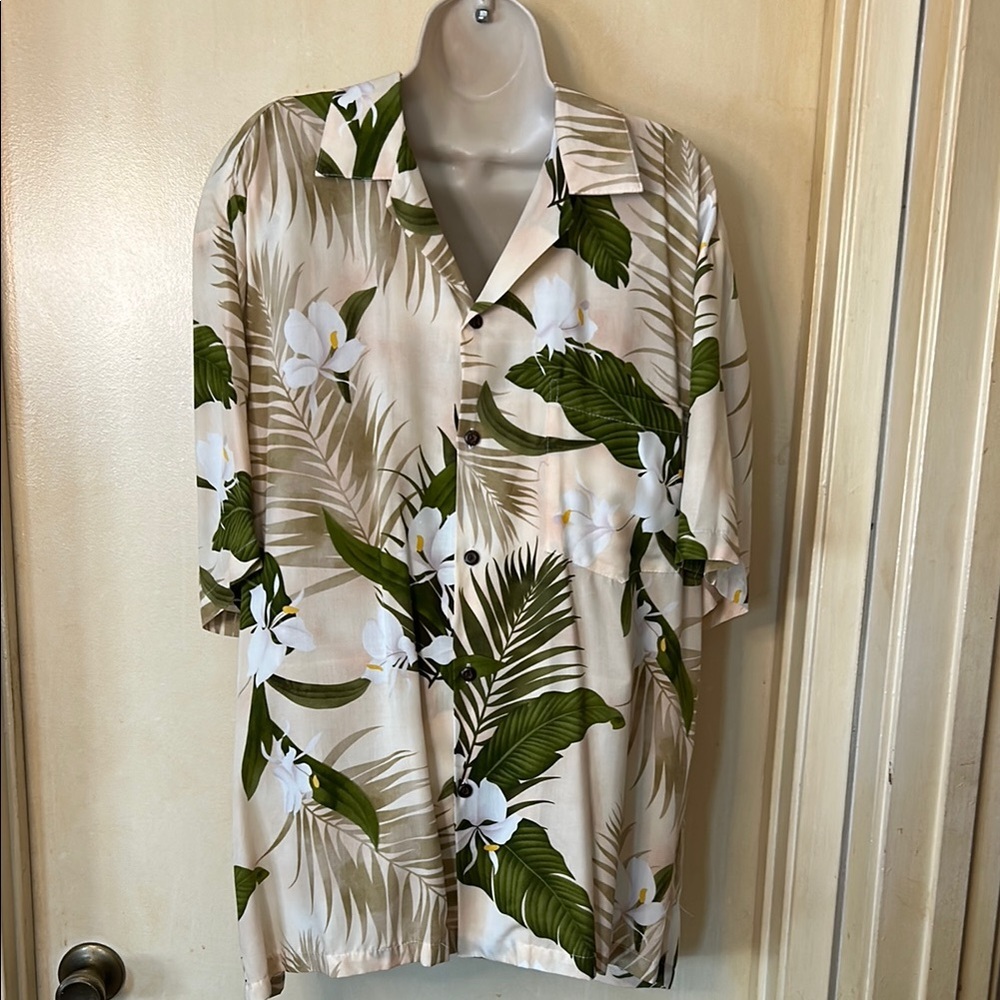Two Palms Men’s Green and Cream Tropical Casual Button Down Shirt size L